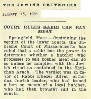 Article Regarding Rabbi Eliezer Silver Winning a Court Battle Allowing Him to Ban the Term "Kosher" for Meat Not Prepared in Accordance With Jewish Law - January 15, 1932 