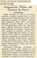Article Regarding American Leaders (Including Rabbi Eliezer Silver) Seeking Clemency from the Death Sentence Imposed by Egypt on the Killers of Lord Moyne - February 16, 1945