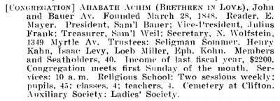 Bio of Congregation Brotherly Love / Ahavat Achim (Cincinnati, Ohio) from the American Jewish Year Book 1900 – 1901, 5661