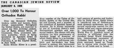 Article Regarding Rabbi Eleizer Silver's 75th Birthday Celebration Sponsored by Agudath Israel of America in 1956