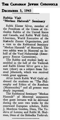 Article Regarding the Visit of Rabbi Eliezer Silver and Rabbi Wolf Gold to the Merklaz Hatorah Seminary in Montreal, Canada in 1943
