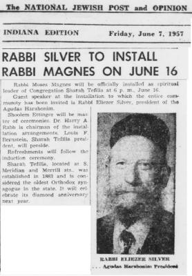 Articles Regarding Rabbi Eliezer Silver Refusing to Share a Platform With a Conservative Rabbi at the 1957 Installation of Rabbi Moses Magnes of Congrgation Sharah Tefilla in Indianapolis, Indiana 