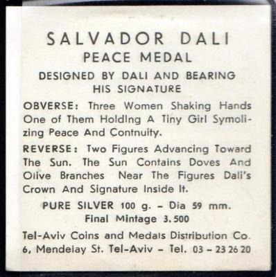 Salvador Dali Peace Medal Issued in Honor of the Israel / Egyptian Peace Treaty in 1978
