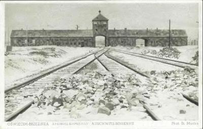 Auschwitz-Birkenau Postcard Showing the Front Gates of Auschwitz Through Which Trains Entered the Camp (Referred to on the postcard as "Gates of Death")