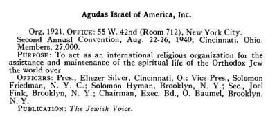 Agudath Israel of America Organizational Summary from the 1940 American Jewish Yearbook