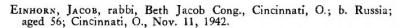 Biography of Rabbi Jacob Einhorn (Rabbi of Cincinnati Beth Jacob Congregation) from 1944 American Jewish Yearbook