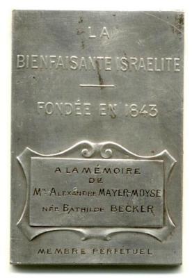 Israelite Beneficence Society ("The Benevolent Jew" Society) of Paris, France Plaque
