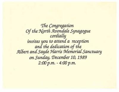 Invitation to Dedication of the North Avondale Synagogue Albert & Sadye Harris Memorial Sanctuary