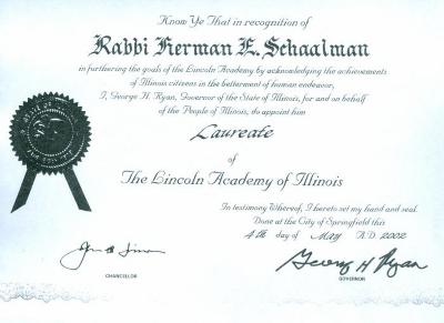 Rabbi Herman Schaalman appointed Laureate of the Lincoln Academy of Illonois