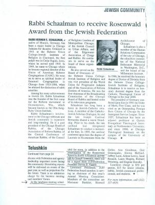 Julius Rosenwald Memorial Award presented to Rabbi Herman Schaalman