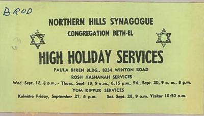 Northern Hills  Synagogue (Beth El) High Holiday Services Announcement Articles 1962 - 1968 (Cincinnati, OH)