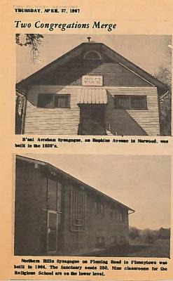 Articles Concerning the merging of Norwood Synagogue and the Beth El Congregation into Northern Hills Synagogue, Congregation B’nai Avraham 1967 (Cincinnati, OH)