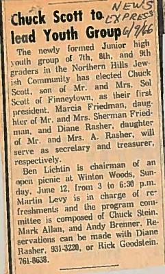 Northern Hills Synagogue Junior High Youth Group Elects Chuck Scott as their First President 1966 (Cincinnati, OH)