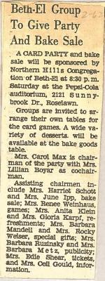 Northern Hills Synagogue (Beth El) Sponsors Card Party and Bake Sale 1962 (Cincinnati, OH)