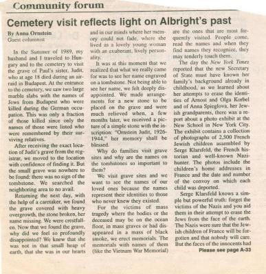 "Cemetery visits reflects light on Albright's past" - article published in The American Israelite