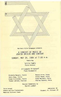 Northern Hills Synagogue (B’nai Avraham) Presents a Concert of Music of Jewish Origin and Content 1984 (Cincinnati, OH)