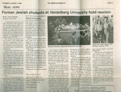 "Former Jewish Students at Heidelberg University hold reunion" - article published in The American Israelite