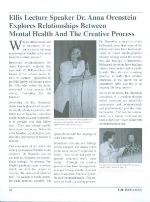 "Ellis Lecture Speaker Dr. Anna Ornstein..." - article in The Informer newsletter