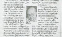 "Holocaust Survivor, violinist Meyer dies" - newspaper clipping