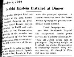 Article regarding Rabbi Betzalel Epstein Installed as Rabbi of Beth Hamidroth Hagodol (Cincinnati, Ohio)