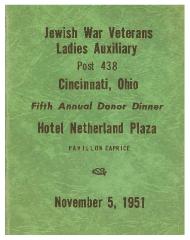 Jewish War Veterans Ladies Auxiliary (Post 438) Cincinnati, Ohio, Fifth Annual Donor Dinner Book