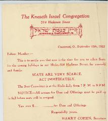 Holiday Seating Notice for the Kneseth Israel Congregation (Cincinnati, Ohio) - 1922